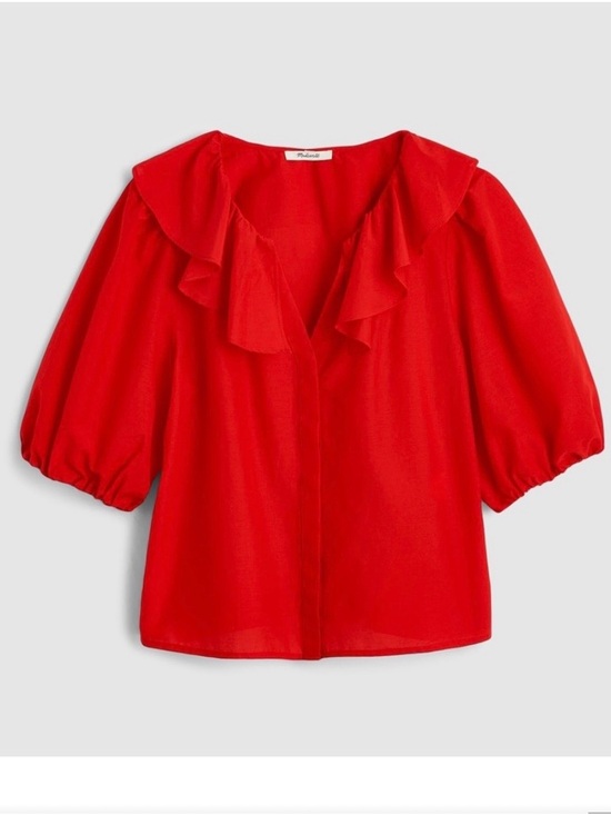 Madewell Tops - Madewell Red Ruffle-Neck Puff Sleeve Blouse